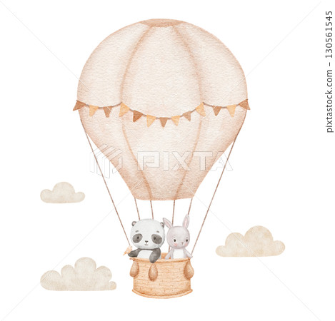 Hot air balloon with cute baby animal and clouds. Bear panda and little bunny, watercolor isolated illustrations for poster or card 130561545
