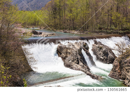 Nakasatsunai Pyotan Falls and fresh green scenery Nakasatsunai Pyotan Falls and fresh green scenery 130561665