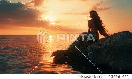mermaid marine fantasy sunrise sunset rock woman girl 130561693
