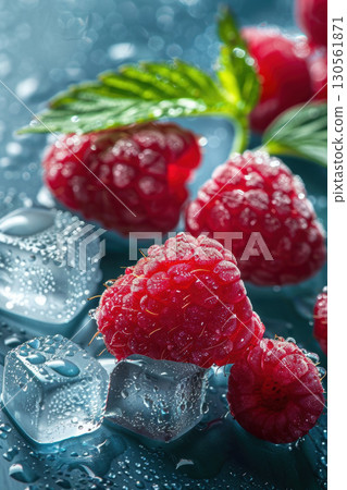 raspberries ice cubes water droplets surface raspberry foreground raspberries ice cubes water droplets surface raspberry foreground 130561871