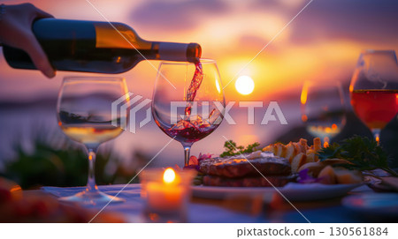 person wine bottle glass scene sunset horizon closeup 130561884