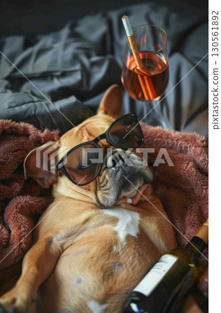 dog sunglasses bottle wine bed demeanor closeup wearing dog sunglasses bottle wine bed demeanor closeup wearing 130561892