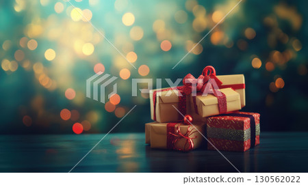 surface ribbons closeup stack wrapped presents adorned bows 130562022
