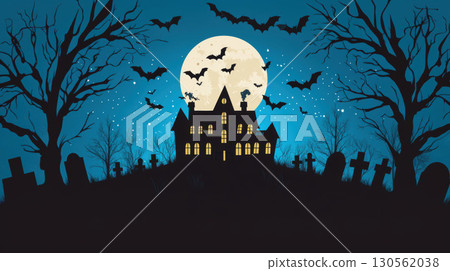 depiction moon silhouettes trees tombstones house stylized haunted 130562038