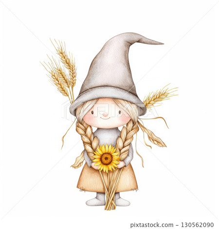 illustration gnomelike character sunflower wheat ears hat expression 130562090
