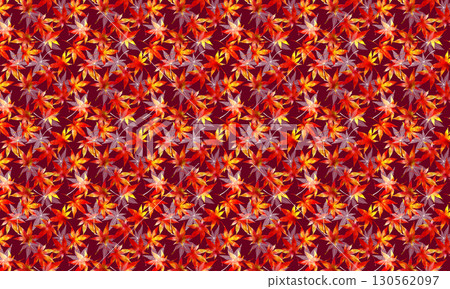 Japanese-style background material with scattered watercolor autumn leaves, the base is red 130562097