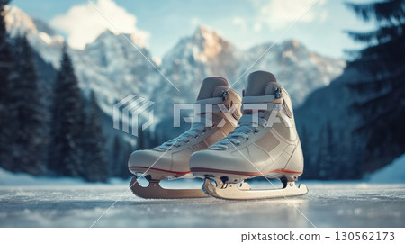ice skates mountains accents surface brown pair set 130562173