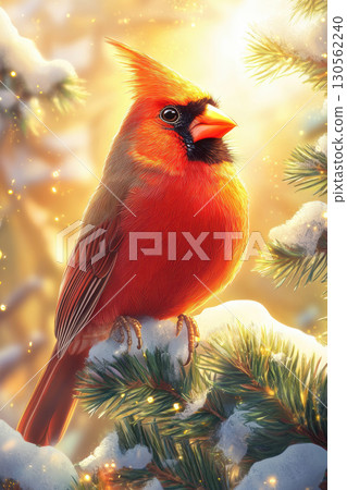 illustration cardinal bird branches pine perched snowcovered vivid 130562240