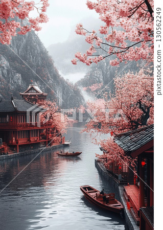 cherry blossoms river buildings boats foreground scene mountains 130562249