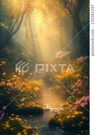 forest scene flowers style fantasy art interplay light 130562287
