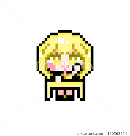 像素藝術人物：坐在桌子旁舉手的短髮女孩（3） 130562334
