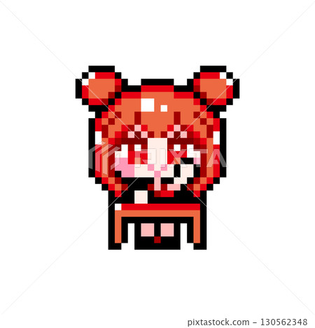 Pixel art character: A girl with twin bun hair sitting at a desk and raising her hand (4) 130562348