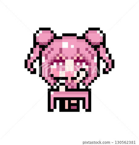Pixel art character: A girl with twin tails and a bun sitting at a desk and raising her hand enthusiastically (1) Pixel art character: A girl with twin tails and a bun sitting at a desk and raising her hand enthusiastically (1) 130562381