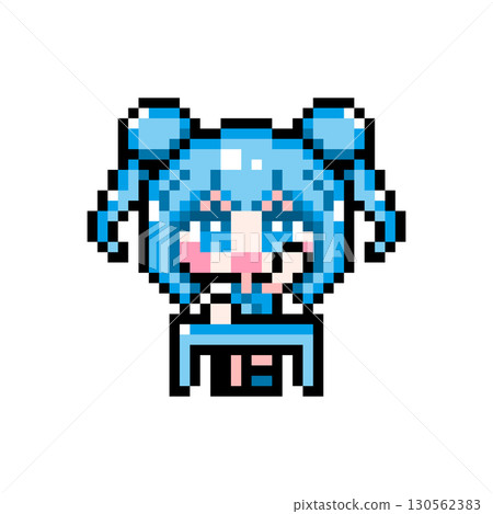 Pixel art character: A girl with a bun and twin tails sitting at a desk and raising her hand enthusiastically (2) 130562383