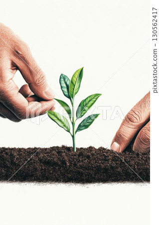 illustration hand touch plant ground soil color green 130562417