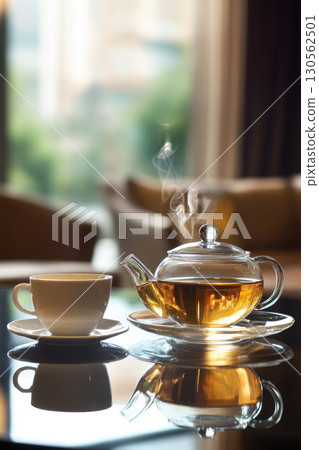glass teapot tea saucer window view landscape closeup 130562501