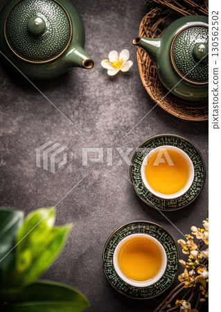 view tea surface teapot wicker basket topdown green 130562502