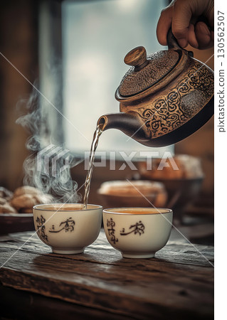 table cups characters appearance grain patterns closeup chinese 130562507