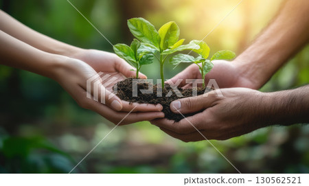 image hands plant soil background closeup holding blurred 130562521