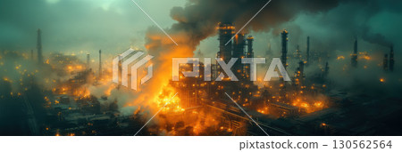 portrayal flames cityscape fires blues greens night sky 130562564