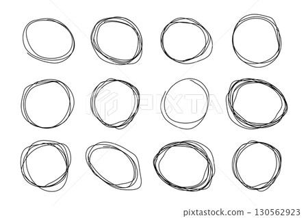 Hand drawn ovals. Set of pen drawing circles. Doodle ellipses. Highlight circle frames. Vector illustration isolated on a white background. Hand drawn ovals. Set of pen drawing circles. Doodle ellipses. Highlight circle frames. Vector illustration isolated on a white background. 130562923
