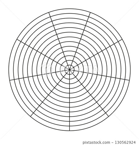 Polar grid of 9 segments and 12 concentric circles. Wheel of life template. Circle diagram of lifestyle balance. Coaching tool. Vector blank polar graph paper. Polar grid of 9 segments and 12 concentric circles. Wheel of life template. Circle diagram of lifestyle balance. Coaching tool. Vector blank polar graph paper. 130562924