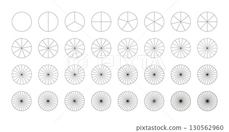 Pie, pizza charts template set. Segmented charts from 1 to 32 collection. Many number of sectors divide the circle on equal parts. Outline black graphics. Segments infographic. Diagram wheels. 130562960