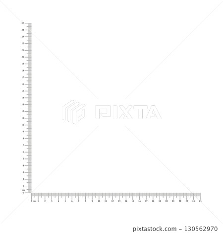 Corner ruler 25 cm. Measuring tool. Angle ruler 25 cm. Indicators of centimeter size. Ruler grid 25 cm. Vector graphic template. 130562970