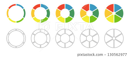 Donut charts set. Pies segmented on 6 equal parts. Wheels divided in six sections. Diagrams infographic multicolored collection. Circle section graph. Coaching blank. Pie chart round icon. Loading bar Donut charts set. Pies segmented on 6 equal parts. Wheels divided in six sections. Diagrams infographic multicolored collection. Circle section graph. Coaching blank. Pie chart round icon. Loading bar 130562977