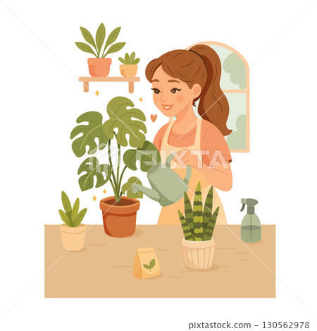 Home Gardening Illustration Concept with Woman Watering Plants Home Gardening Illustration Concept with Woman Watering Plants 130562978