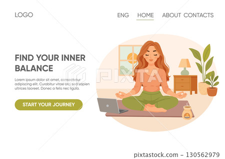 Landing Page Concept with Woman Meditating at Home Landing Page Concept with Woman Meditating at Home 130562979