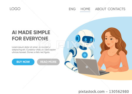 Landing Page Illustration with Robot Helping Woman Online Landing Page Illustration with Robot Helping Woman Online 130562980