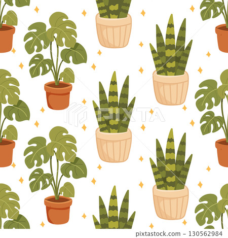 Seamless Pattern with Houseplants in Decorative Pots 130562984