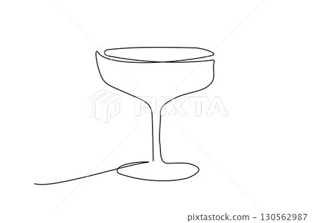 Continuous one line drawing of glass. Wine, cocktail, champagne glass black icon. Abstract hand drawn logo. Graphic simple illustration. Isolated on white background. 130562987