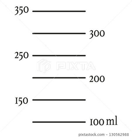 Scale 350 ml liquid volume. Measuring cup, jug to preparing cooking. Vector simple illustration. Scale 350 ml liquid volume. Measuring cup, jug to preparing cooking. Vector simple illustration. 130562988