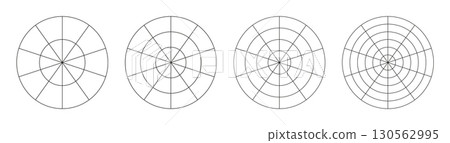 Wheel of life graph templates. Simple coaching tool for visualizing all areas of life. Polar grids with segments and concentric circles. Circle diagrams of life style balance. Blank polar graph paper. 130562995