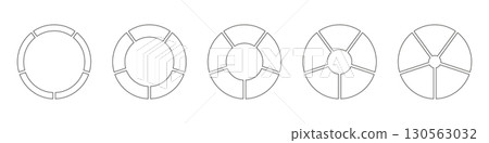 Wheels round divided in five sections. Outline donut charts, pies segmented on 5 equal parts. Diagrams infographic set. Circle section graph line art. Round pie chart icons. Geometric simple elements. 130563032
