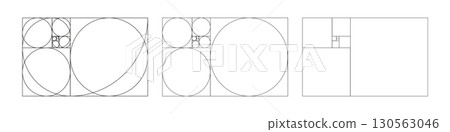 Golden ratio template set. Fibonacci array, numbers. Harmony proportions collection. Outline vector illustration. Method golden sections. Golden ratio template set. Fibonacci array, numbers. Harmony proportions collection. Outline vector illustration. Method golden sections. 130563046