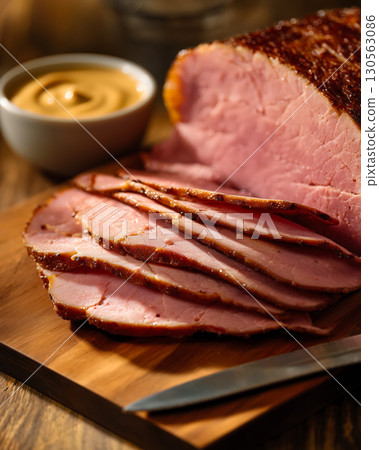 Sliced baked ham arranged on wooden board with mustard dip on side; ham slices look juicy and flavorful as ham presentation suggests rustic homemade festive dinner 130563086