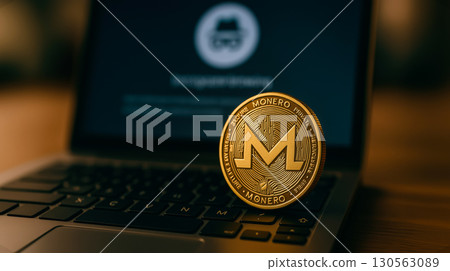 Golden Monero coin on laptop keyboard with incognito symbol on dark screen; Monero logo visible, highlighting private secure blockchain payments in online finance. Golden Monero coin on laptop keyboard with incognito symbol on dark screen; Monero logo visible, highlighting private secure blockchain payments in online finance. 130563089