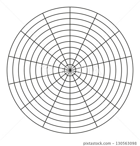 Polar grid of 14 segments and 10 concentric circles. Coaching tool. Wheel of life template. Circle diagram of lifestyle balance. Vector blank polar graph paper. 130563098