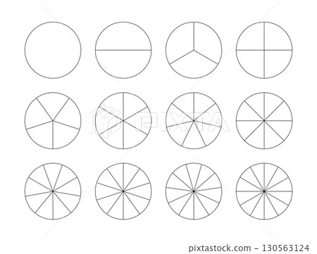 Segmented charts. Pizza, pie chart template. Segments infographic icons. Many number of sectors divide the circle on equal parts. Outline black thin graphics. Set of charts. Diagram wheel parts. Segmented charts. Pizza, pie chart template. Segments infographic icons. Many number of sectors divide the circle on equal parts. Outline black thin graphics. Set of charts. Diagram wheel parts. 130563124