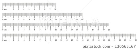 Collection measuring charts with 10,15, 20, 25 centimeters. Set of eps templates rulers scale with numbers. Length measurement math, distance, height, sewing tools. Vector illustration. 130563167