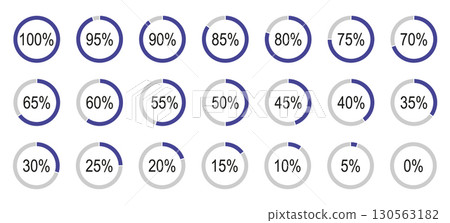 Percentage infographics elements. Round diagrams icons pattern for infographics from 0 to 100 percent. Lilac, grey color fill divided pie charts indicator layout. Circle graph loading progress mockup. 130563182