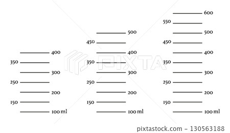 Set of scales 400, 500, 600 ml liquid volume. Measuring milliliters cup, jug to preparing cooking. Vector graphic template. Set of scales 400, 500, 600 ml liquid volume. Measuring milliliters cup, jug to preparing cooking. Vector graphic template. 130563188