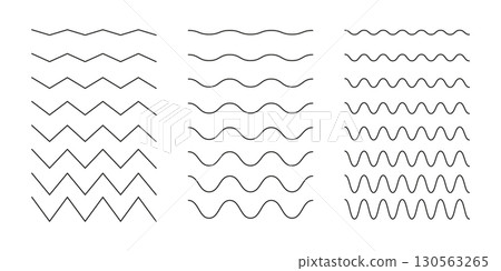 Wavy, curvy lines pattern. Minimal black undulate borders, transverse horizontal lines. Sine, fluid, air, wind flat signs. Water, river, lake, sea, ocean doodle symbol. Outline graphic illustration. Wavy, curvy lines pattern. Minimal black undulate borders, transverse horizontal lines. Sine, fluid, air, wind flat signs. Water, river, lake, sea, ocean doodle symbol. Outline graphic illustration. 130563265