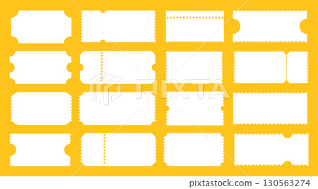 Admit one tickets mockup. Empty flat template. Boarding blanks, lottery, sale minimal coupons. Ticket pattern for cinema, circus, theater, festival, casino, club. Blanks white color backgrounds layout 130563274