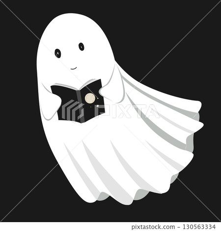 Cute ghost reading book on the move. Busy phantom spirit flying with novel. Halloween character isolated vector illustration 130563334