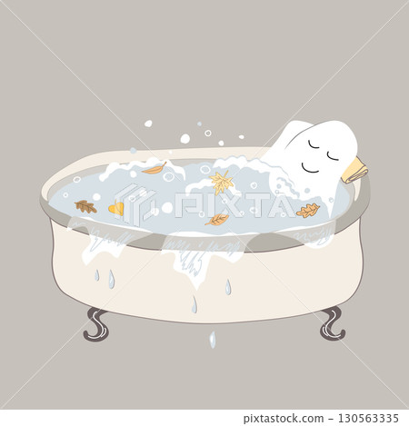 Cute sheet ghost taking a relaxing. bath. Halloween character. Cartoon vector isolated illustration 130563335