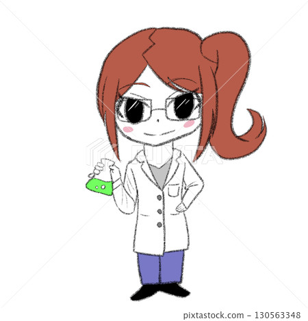 A girl in a white coat is holding an Erlenmeyer flask 130563348